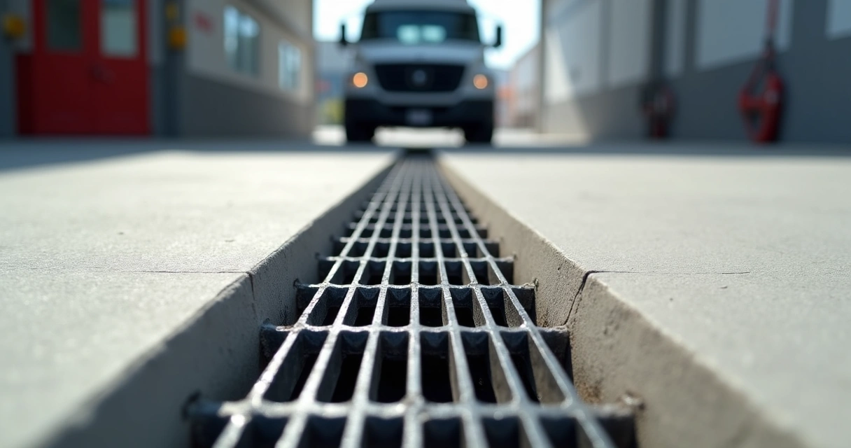 Close-up of a polymer concrete trench drain installed in a garage floor, showing the heavy-duty surface grates and modular sections.