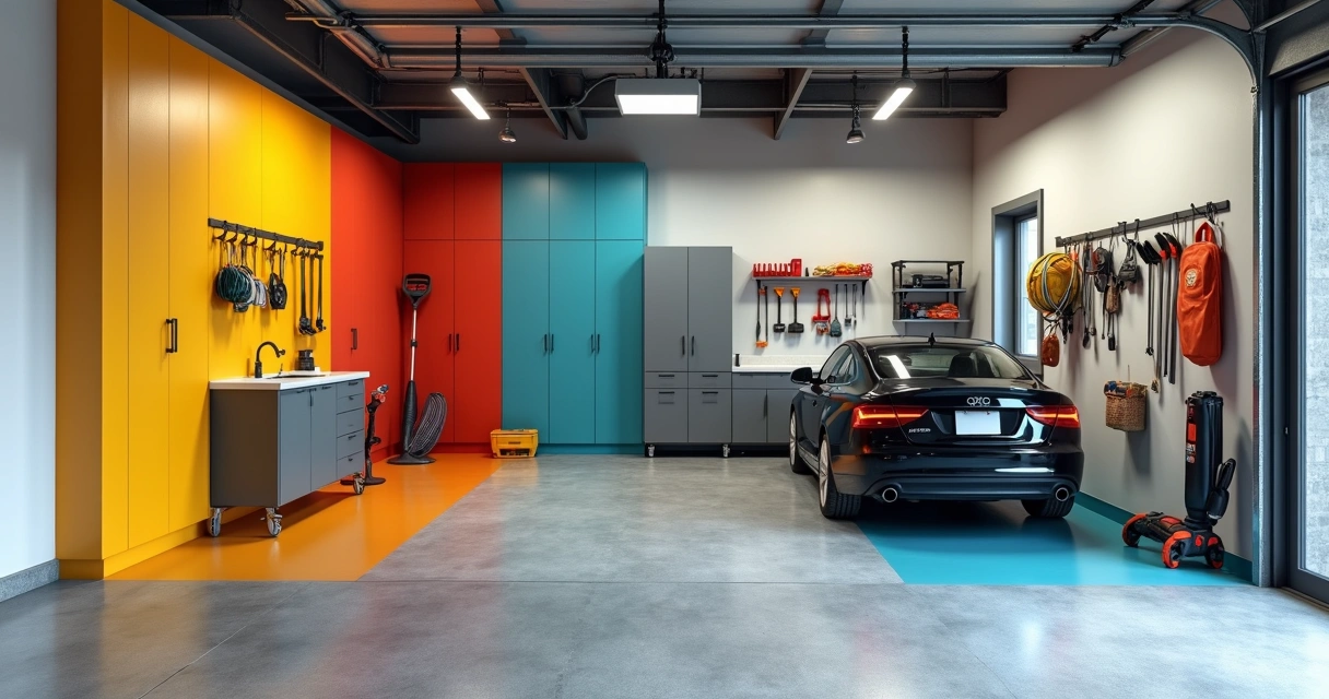 Garage divided into storage zones with labeled racks and gear 