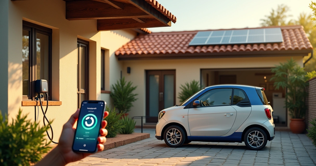 Garagem com carregador e painéis solares no telhado 