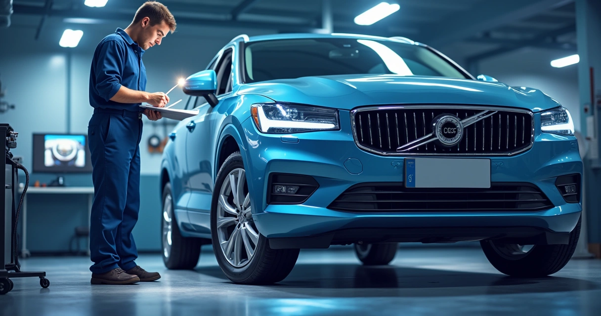 Técnico examinando carro novo em garagem 