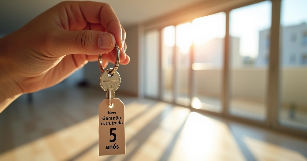 Chave de apartamento novo com etiqueta indicando garantia estrutural. 