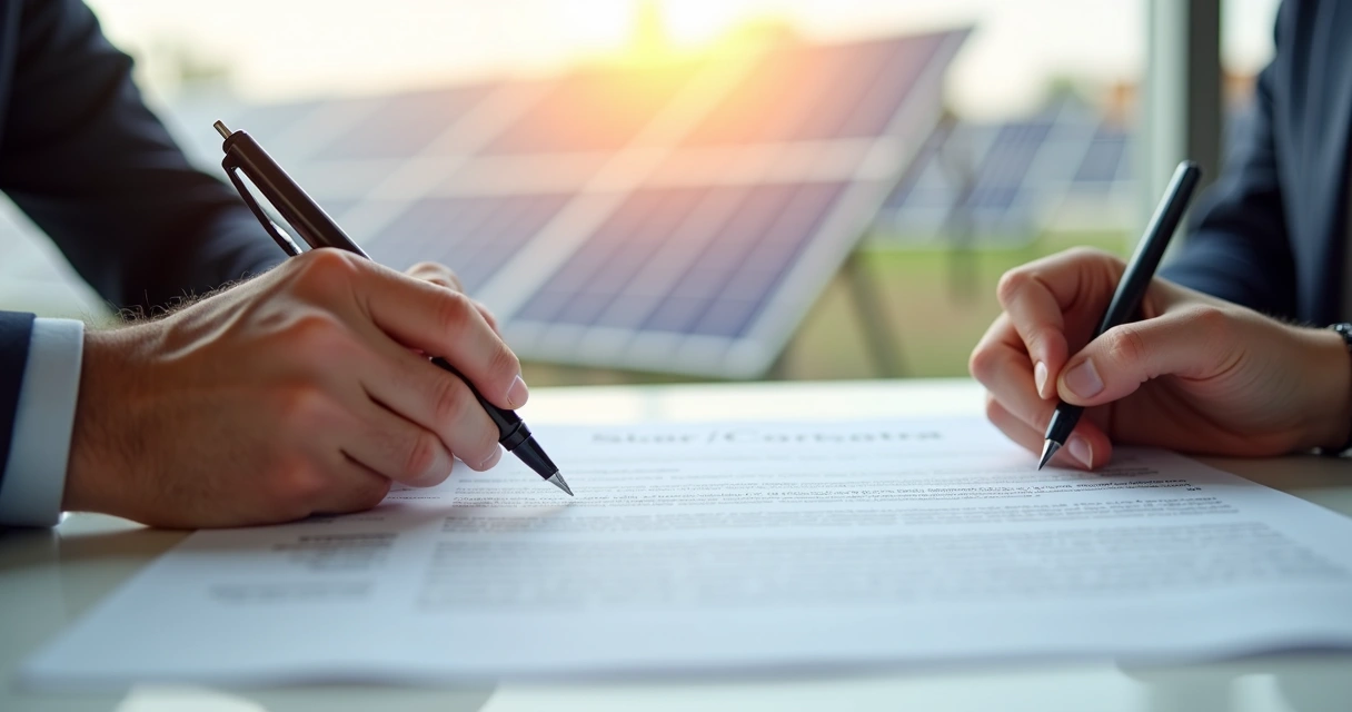 Contrato de energia solar sendo assinado com placas solares ao fundo 