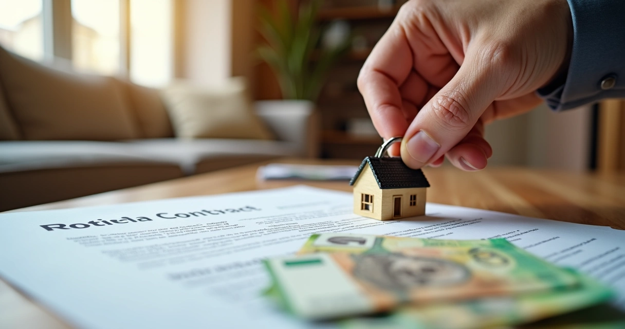 Chave de casa com contrato e dinheiro sobre a mesa