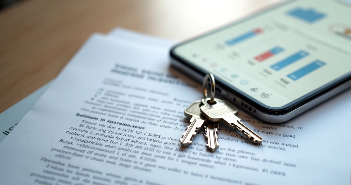 Chave de apartamento sobre um contrato de aluguel digitalizado 