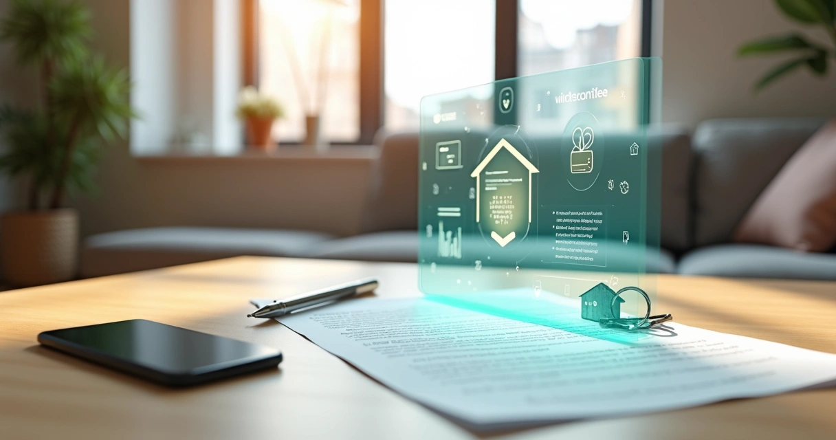 Chaves de apartamento apoiadas sobre contrato de aluguel com holograma de banco digital 