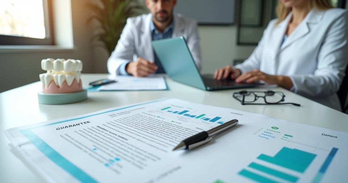 Dentista avaliando contrato de marketing odontológico ao lado de painel digital de resultados 