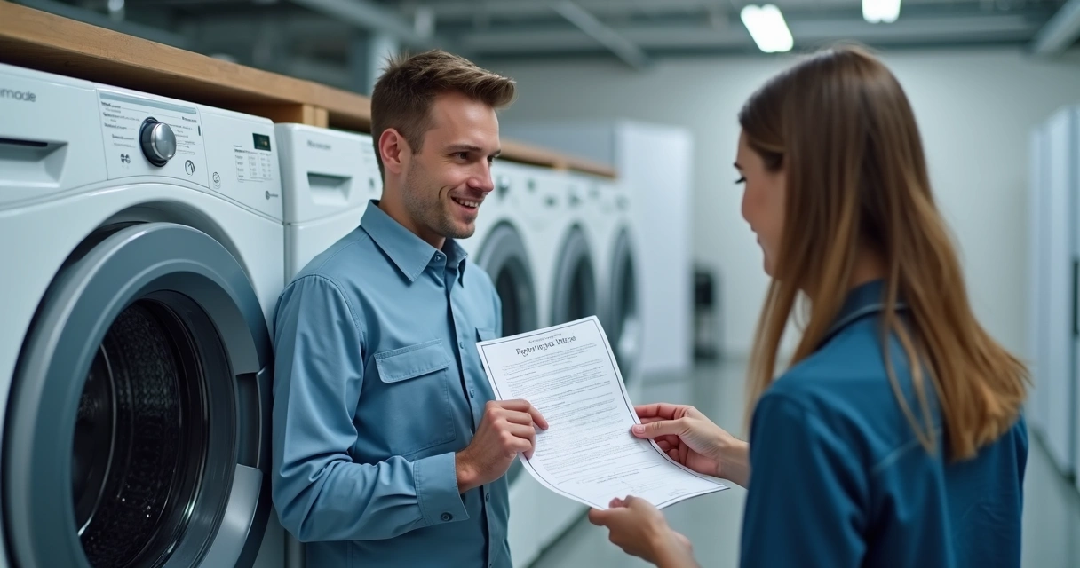 Técnico mostrando garantia de peças para cliente em assistência técnica de eletrodomésticos 