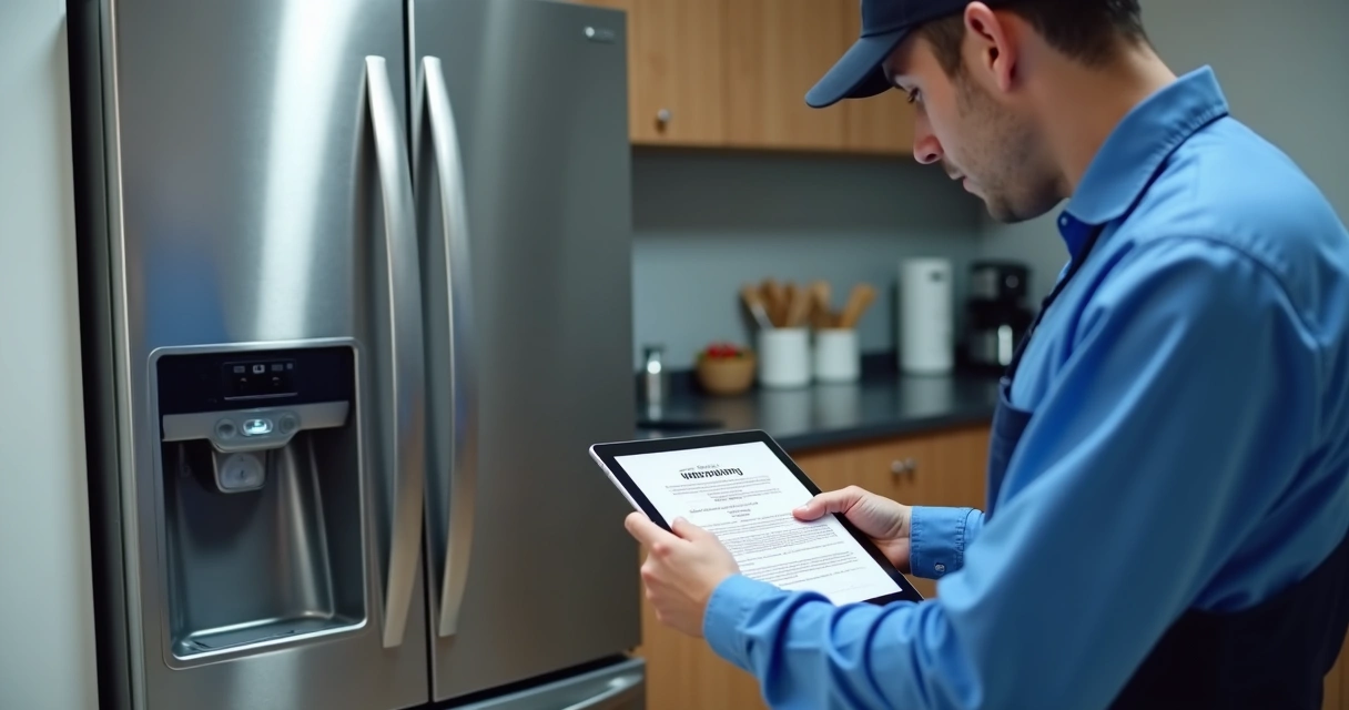 Técnico mexendo em geladeira Samsung na cozinha