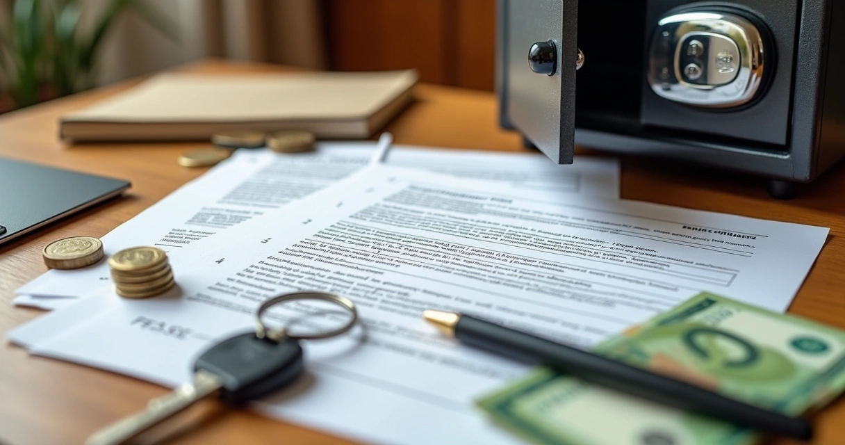 Contratos e cartões dispostos em mesa ao lado de cofre de moedas 