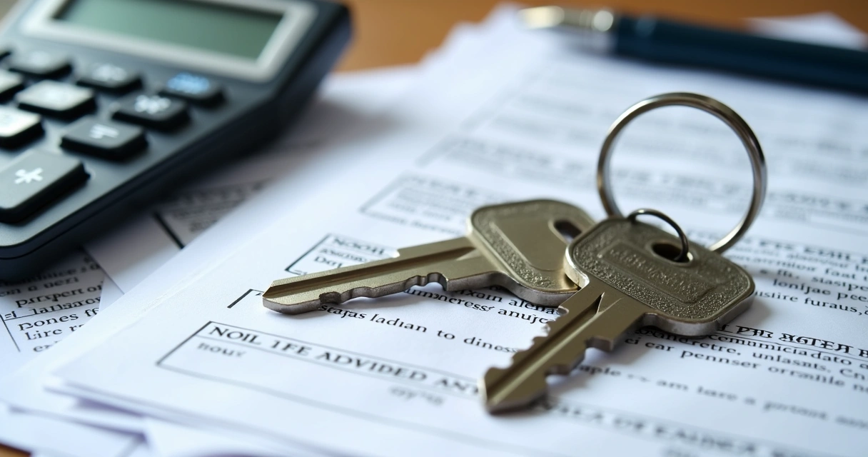Chaves de imóvel comercial sobre pilha de documentos de garantia 