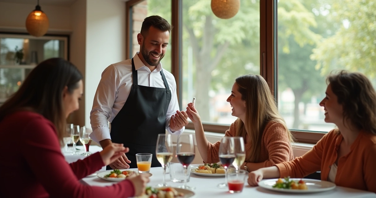 Garçom anotando feedback de clientes sorridentes 