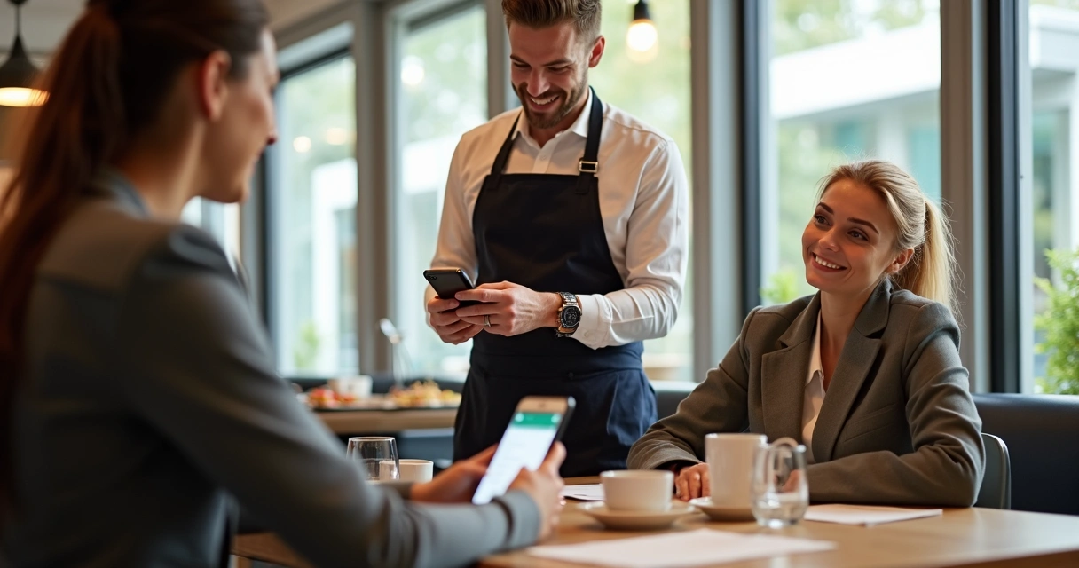 Garçom usando aplicativo no celular para aprovar pagamento com Pix 