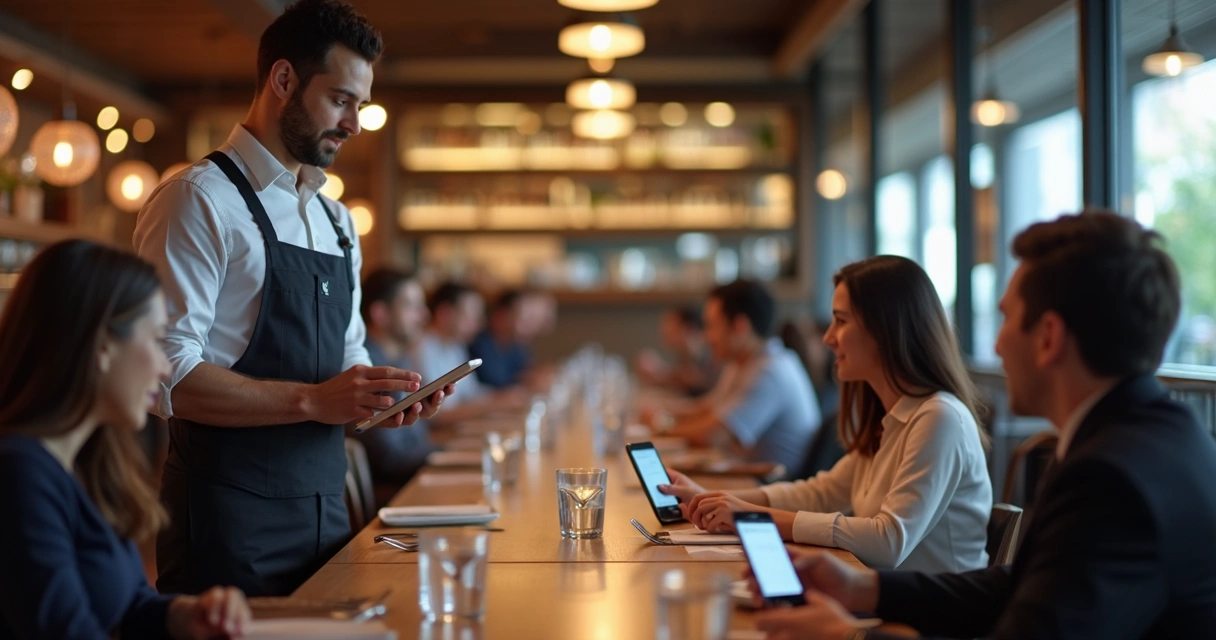 Garçom utilizando aplicativo de comanda digital na mesa 
