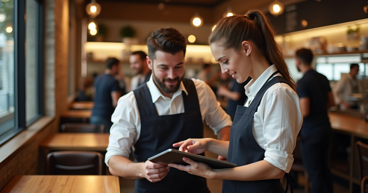 Garçom usando tablet no restaurante para aprender sistema PDV 