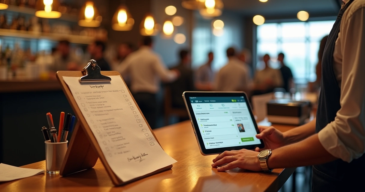 Garçom segurando prancheta em papel e tablet com checklist lado a lado 