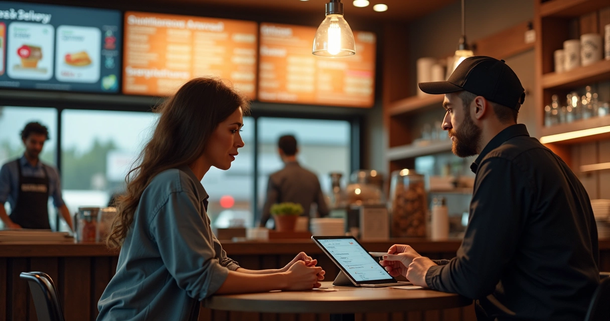 Garçom atendendo cliente em lanchonete moderna com tablet 
