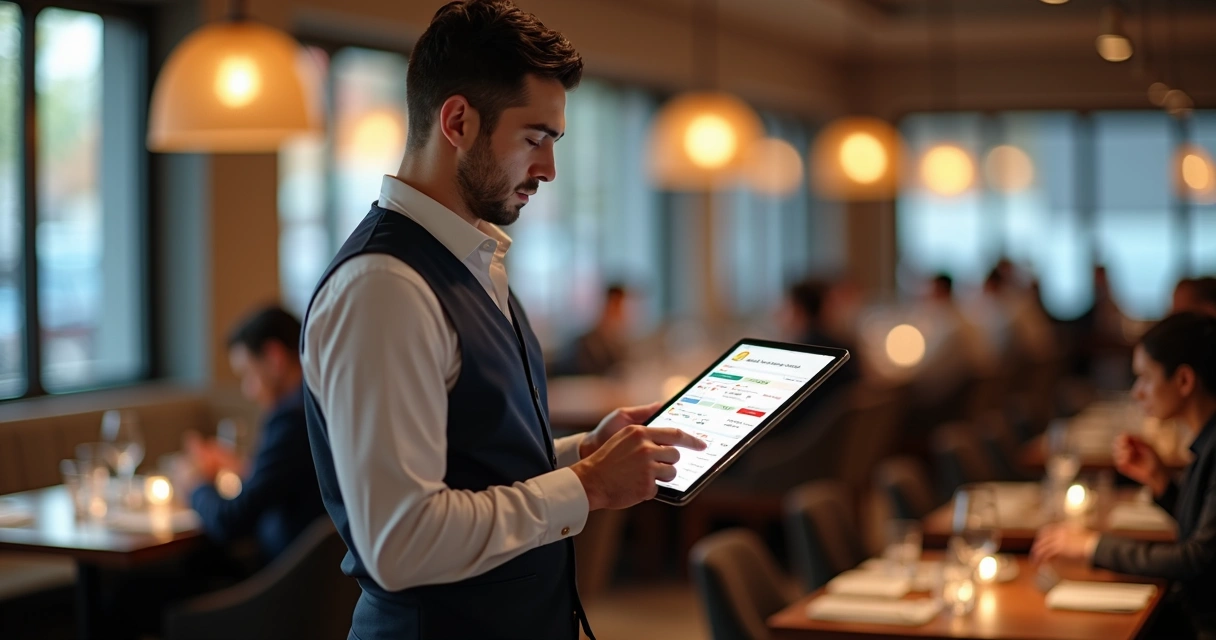 Garçom segurando tablet com sistema de comandas digitais em restaurante moderno 