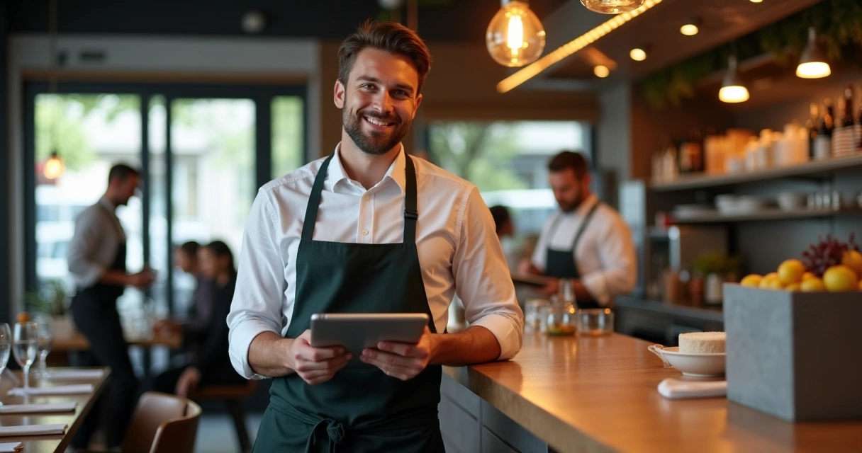 Garçom feliz usando tablet no balcão do restaurante