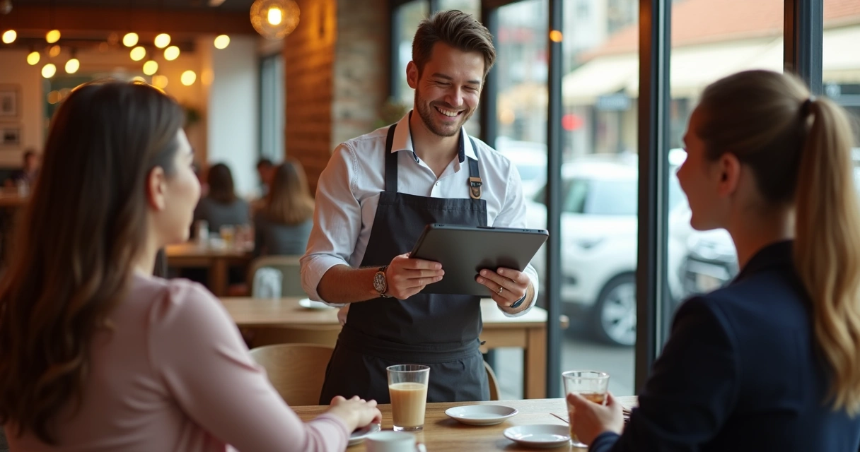 Garçom segurando tablet mostrando cardápio digital a dois clientes em mesa de restaurante