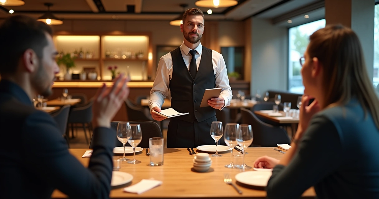 Garçom administrando várias tarefas com clientes em mesa de restaurante moderno 