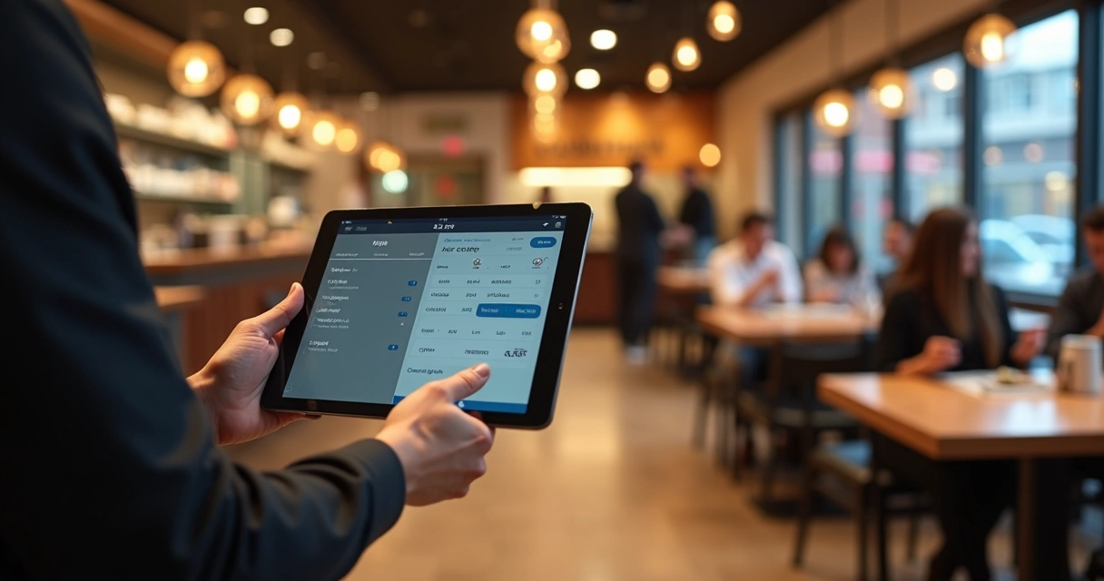 Garçom usando tablet PDV no salão 