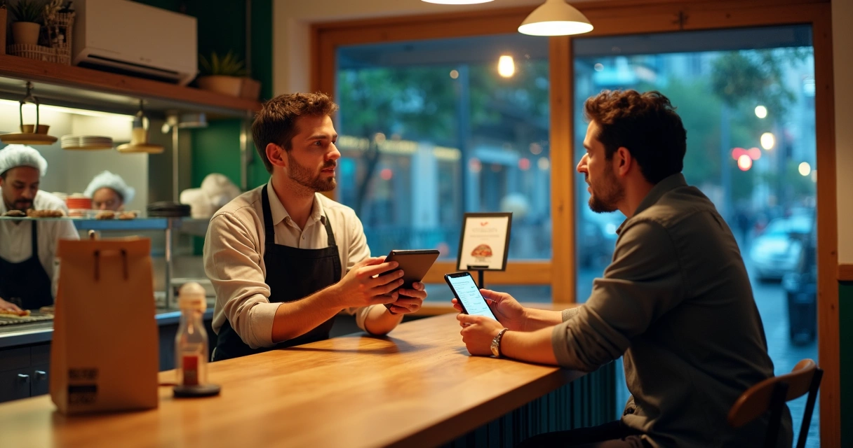 Garçom oferecendo atualização de pedido a cliente em ambiente de delivery moderno 