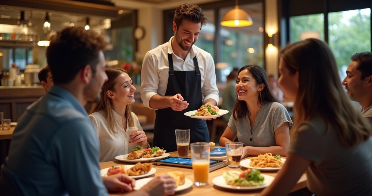 Garçom sugerindo combo a clientes em restaurante moderno