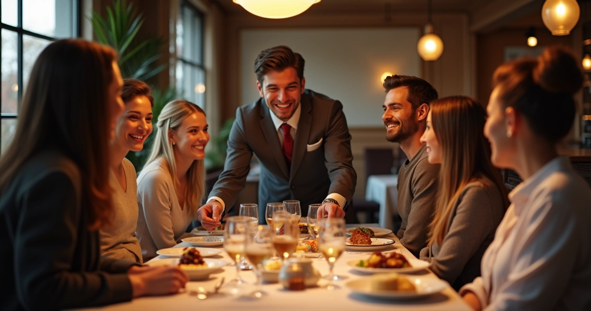 Garçom sugere sobremesa a clientes na mesa 