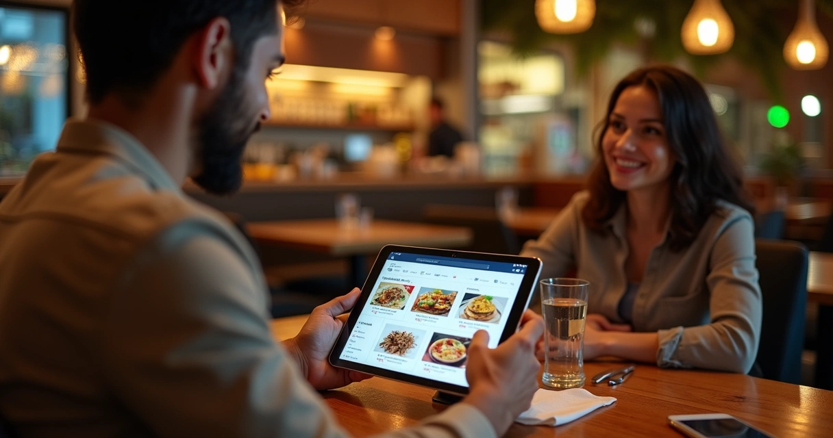 Garçom mostrando cardápio digital em tablet para cliente em restaurante moderno 