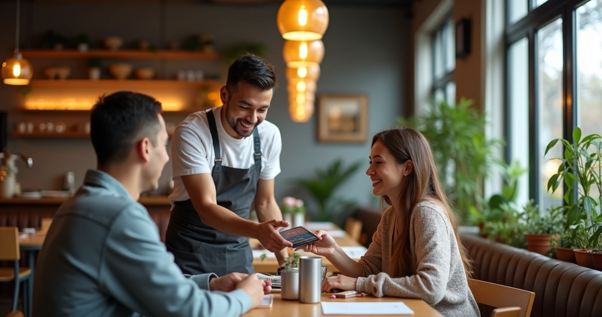 Garçom recebendo pedido em tablet em restaurante moderno
