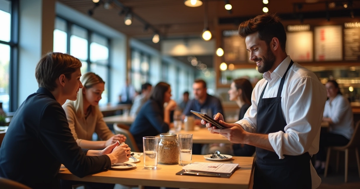 Garçom usando tablet para registrar pedido na mesa em um restaurante moderno 