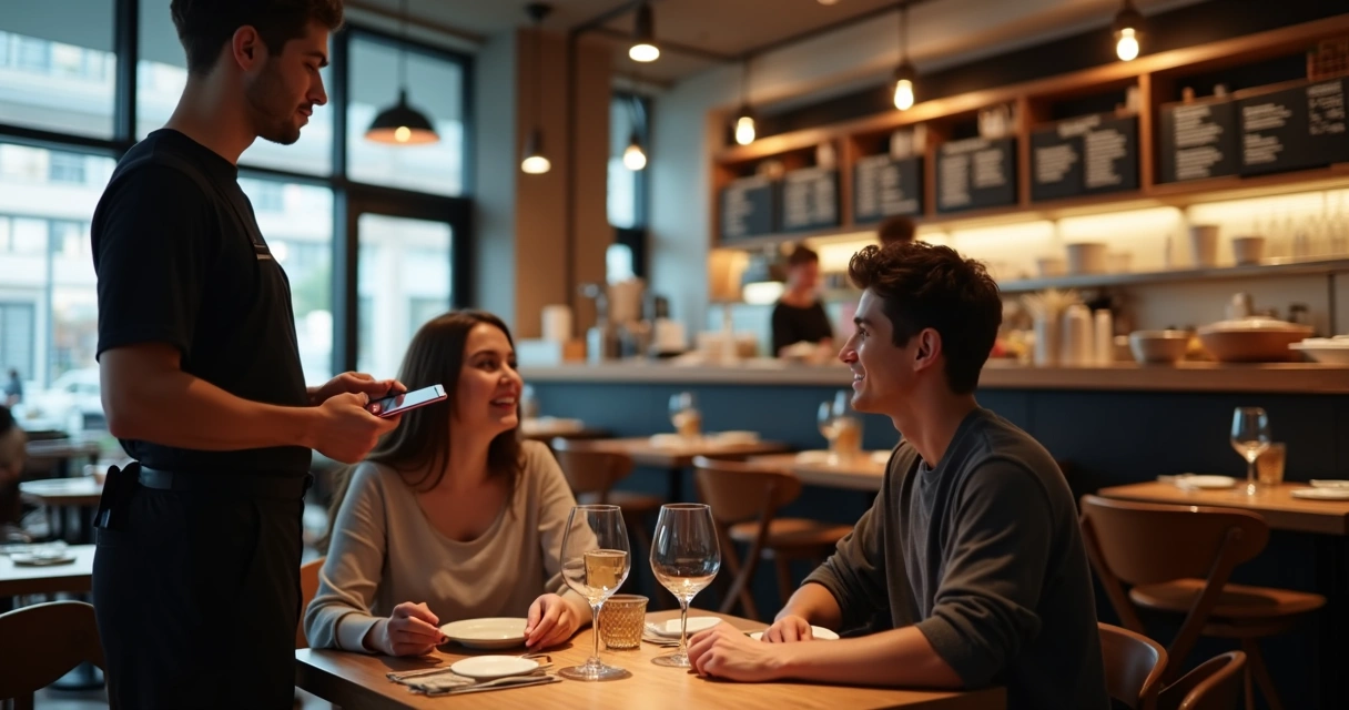 Garçom usa tablet no restaurante 