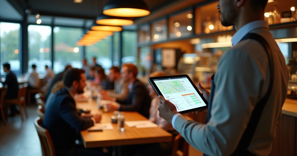 Garçom usando tablet com sistema de pedidos em restaurante movimentado 