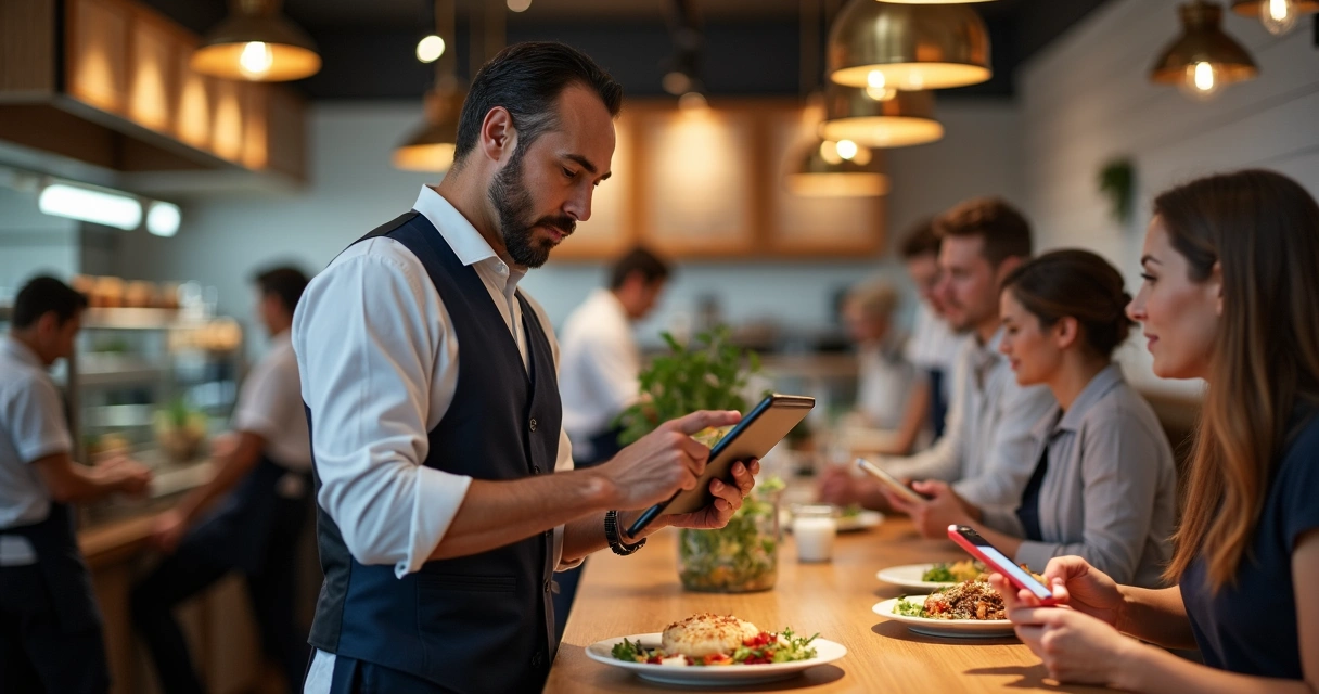 Garçom usando tablet em restaurante para gerenciar pedidos 