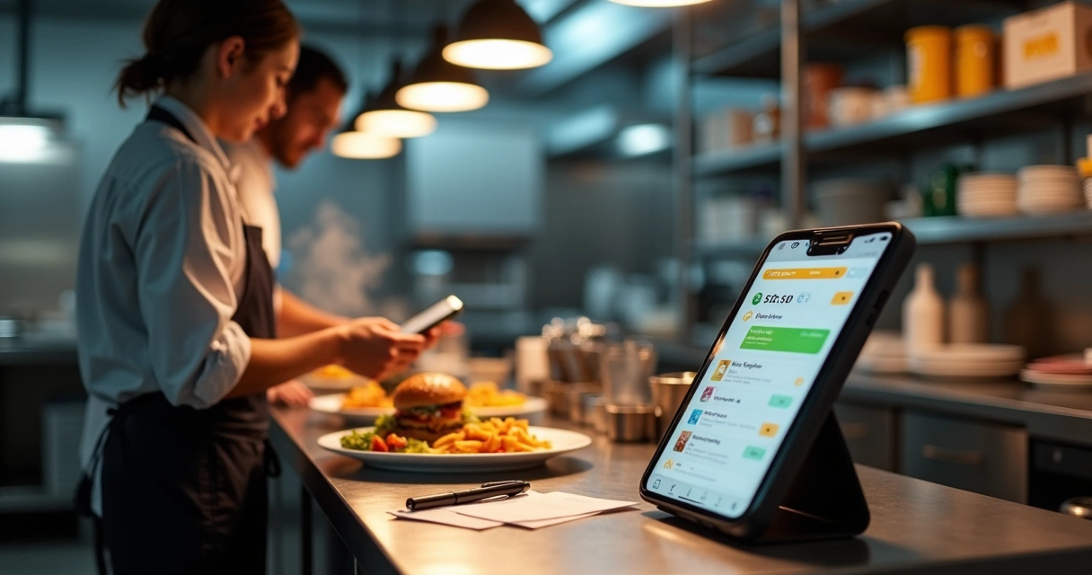 Garçom em cozinha usando aplicativo de delivery no celular com tela de pedidos 