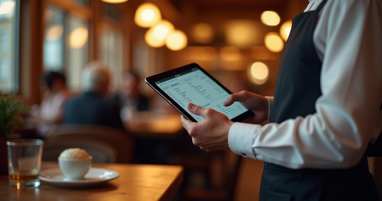 Garçom segurando um tablet com cardápio digital aberto em ambiente de restaurante 