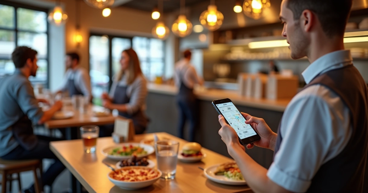 Garçom usando comanda mobile no smartphone em restaurante movimentado 