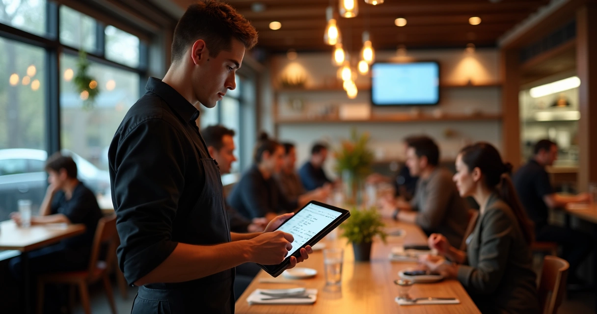 Garçom realizando pedido em tablet no restaurante 