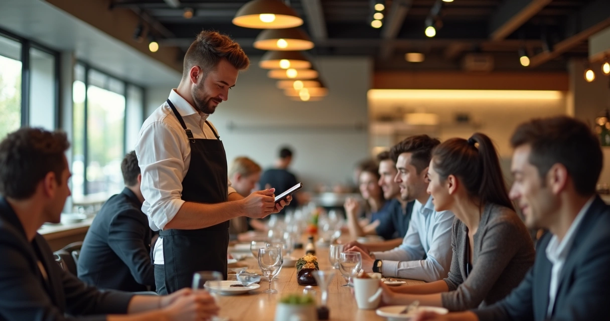 Garçom de restaurante usando tablet para anotar pedido na mesa 