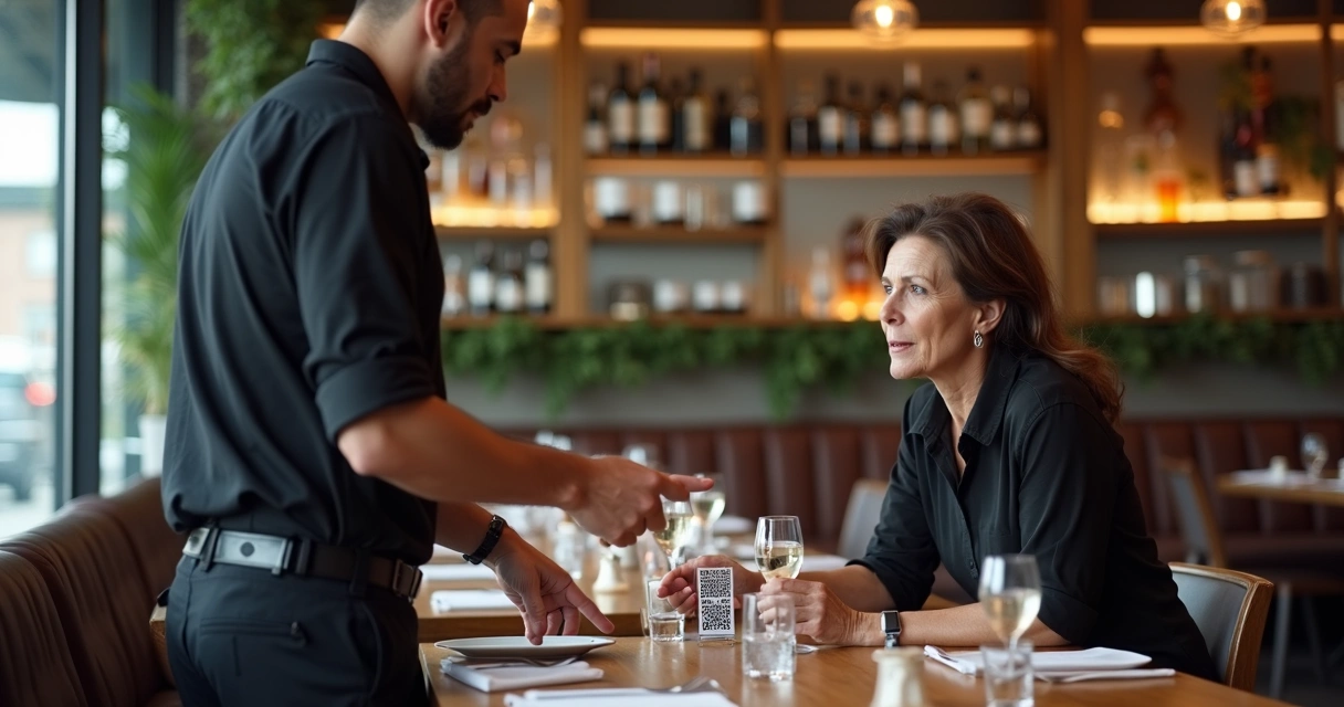 Garçom explicando QR code a cliente no salão