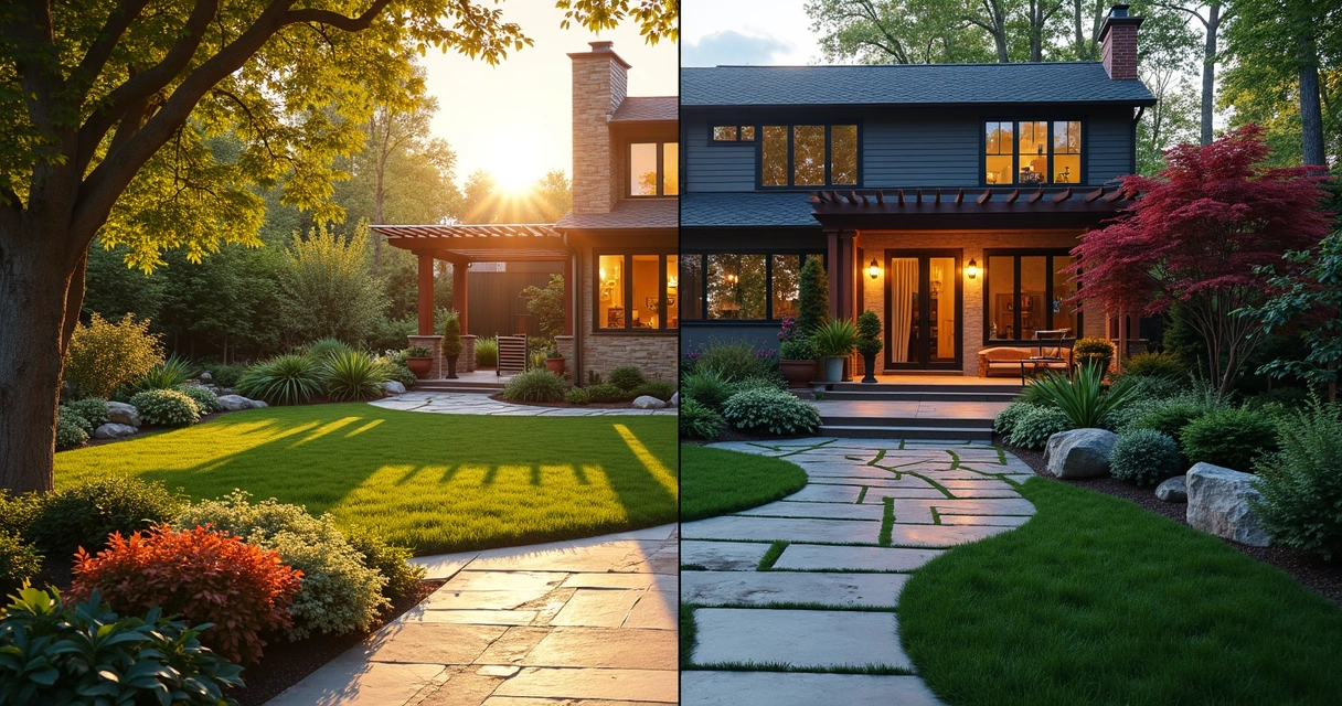 Before and after comparison of a garden with 3D planning overlay