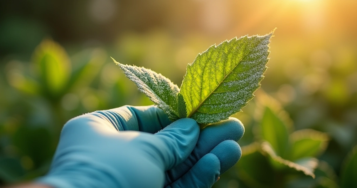 Hand in gardening glove holds dusty leaf with mineral particles 