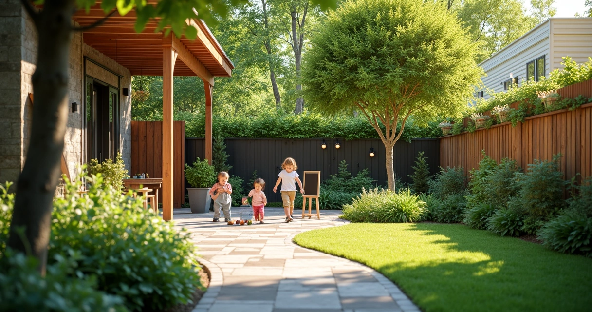 Children's play area with rubberized pavers and lush greenery 
