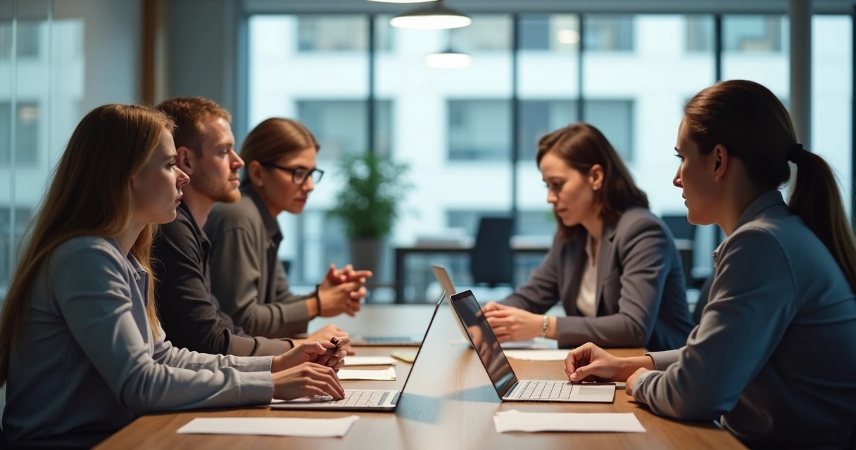 Colaboradores reunidos debatendo dificuldades em uma mesa de projeto 