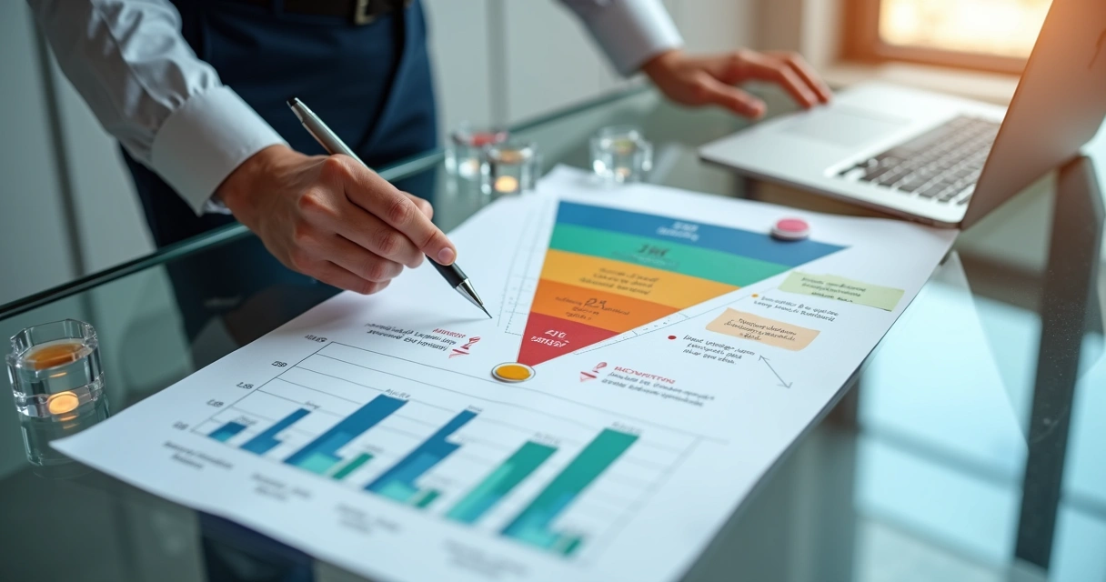 Profissional de RH analisando gargalos em funil de recrutamento ilustrado em mesa de vidro 