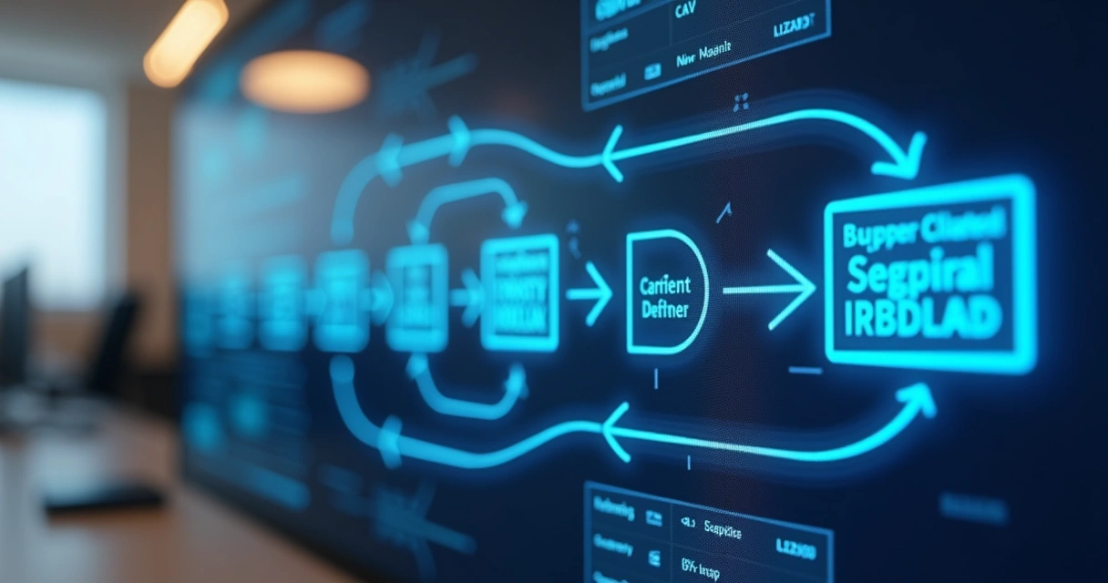 Fluxo de trabalho digital com vários módulos separados e um gargalo visual com setas congestionadas 
