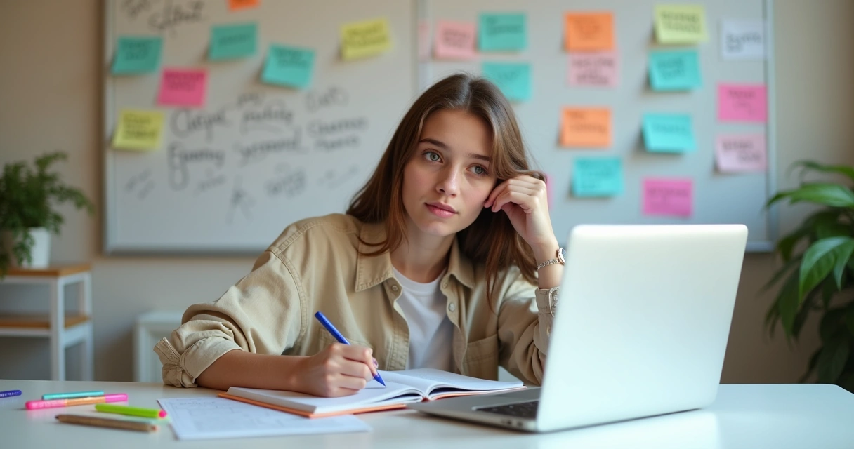 Jovem estudando sozinha com mural cheio de anotações e textos coloridos
