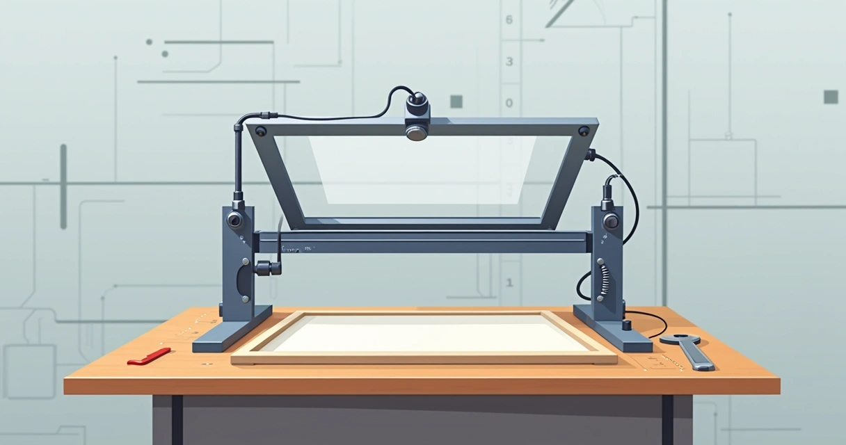 Garra de serigrafia fixada em mesa com quadro alinhado 
