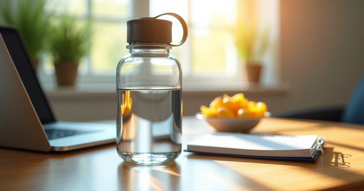 Garrafa de água ao lado de notebook e frutas em mesa de trabalho organizada