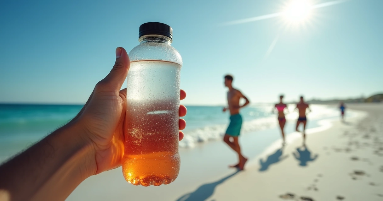 Esportista segurando garrafa de água na praia. 